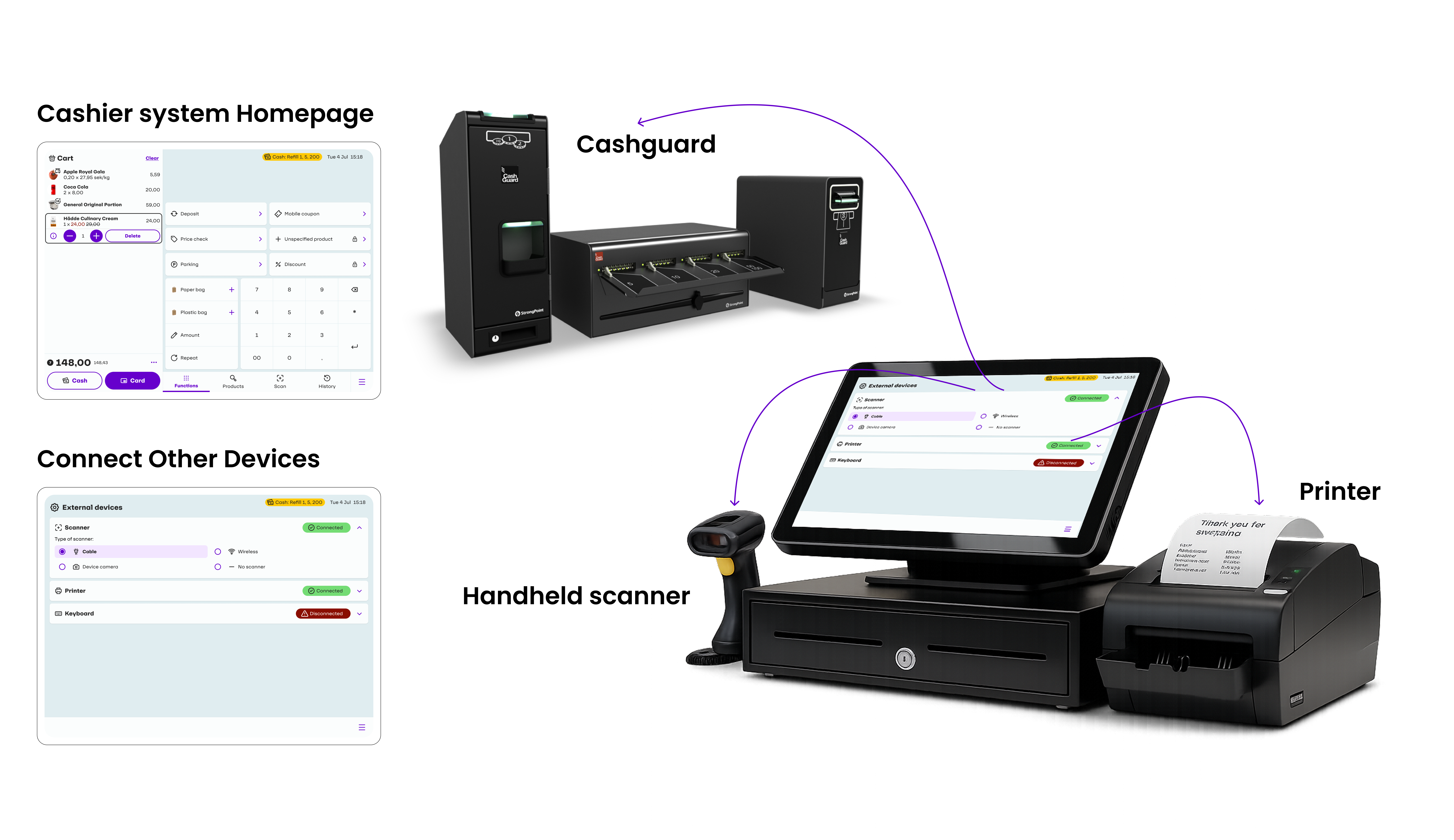 External Devices settings screen — handheld scanner, receipt printer, keyboard, and Cash Guard connection status in the Focalpay POS